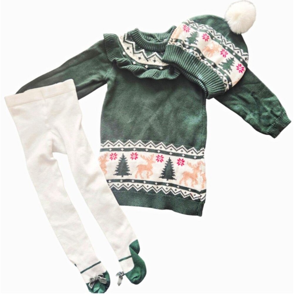 Nicole Miller NY Girls 3PC Knit Holiday Dress Set Hat Tights Green 9-12M